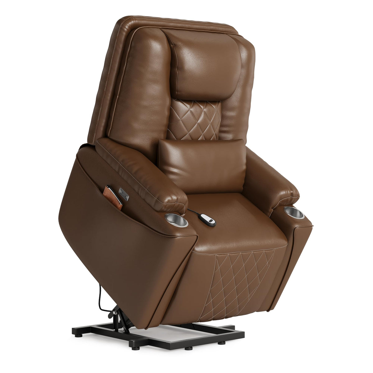 Garvee Power Lift Recliner Chair Sofa, PU Leather Reclining with Charging Ports, Cup Holders, Electric Stand Assist for Elderly, Home Theater Seating with Remote for Living Room, Brown