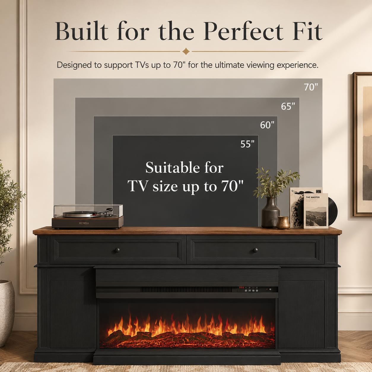 63 inch Fireplace TV Stand for TVs up to 70" with 36" 3-Sided Electric Fireplace with Mantel, Modern Media Entertainment Center, Farmhouse TV Console for Living Room with Drawers and Storage, Black