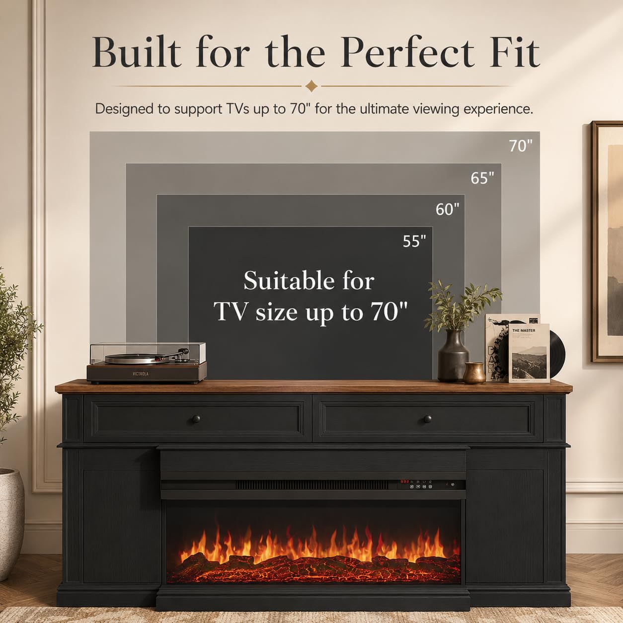 63 inch Fireplace TV Stand for TVs up to 70" with 36" 3-Sided Electric Fireplace with Mantel, Modern Media Entertainment Center, Farmhouse TV Console for Living Room with Drawers and Storage, Black