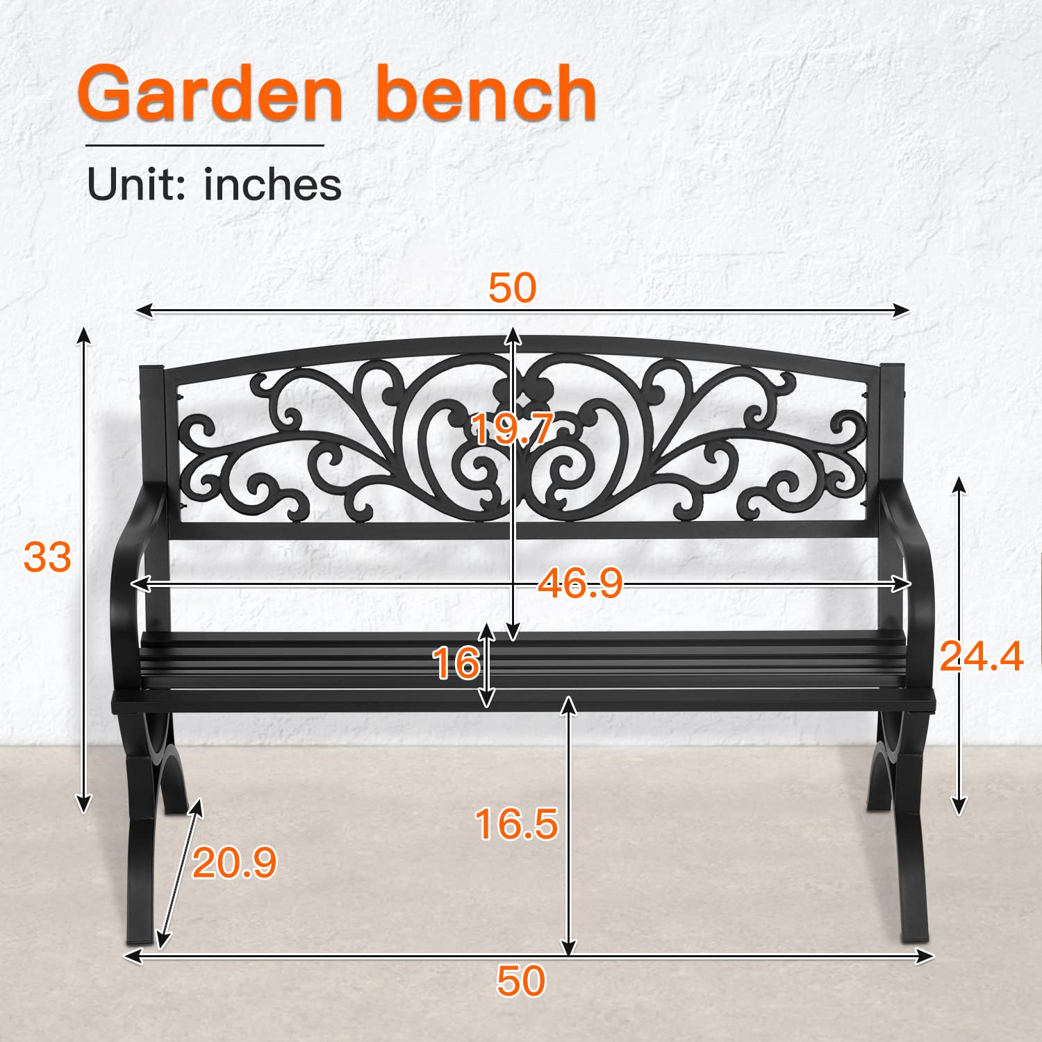 50-Inch Outdoor Metal Bench with Floral Backrest
