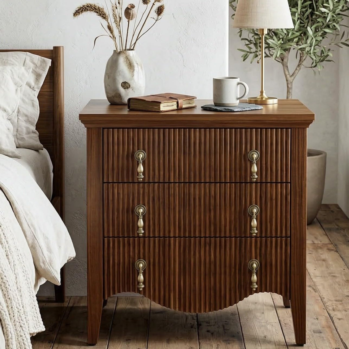 FUSUNBAO Set of 2 Nightstands with Charging Station&3 Fluted Drawers,Walnut