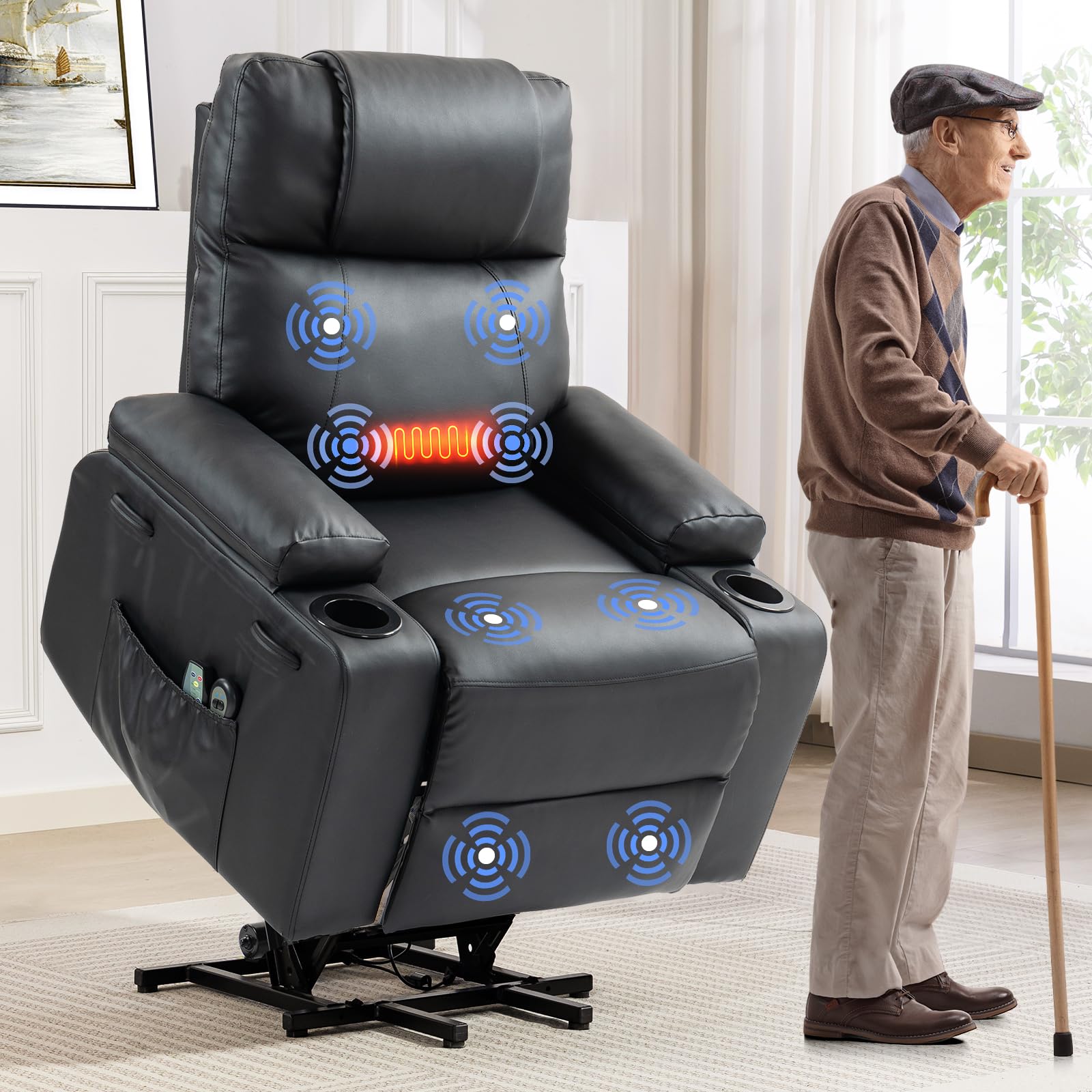 Brage Living Power Lift Recliner Chair for Elderly with Massage & Heat, 160° Adjustable PU Leather Electric Recliner with Remote, Cup Holders, Side Pockets, and Stand Assist for Living Room (Black)