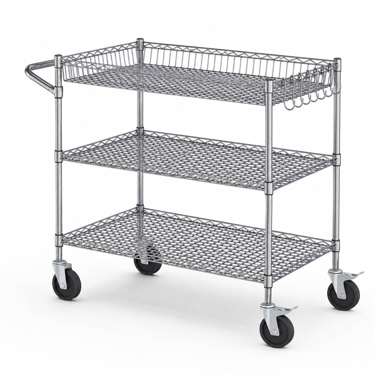 3 Tier | 45" Length | Heavy Duty & Longer Wire Commercial Grade Rolling Cart with Wheels | Rolling Shelving Unit | Metal Utility Serving Cart with Shelves & Organizer Racks for Kitchen Bar Office