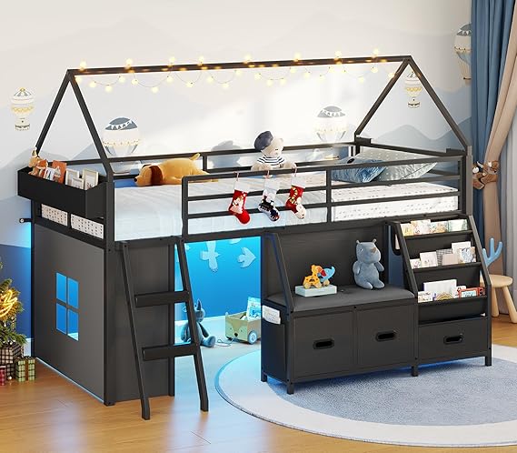 Kids Low Loft Bed Twin with Bookshelf, Reading Nook & LED Lights