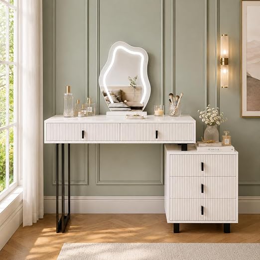 Vanity Desk with Mirror, Lights & Reversible Side Cabinet