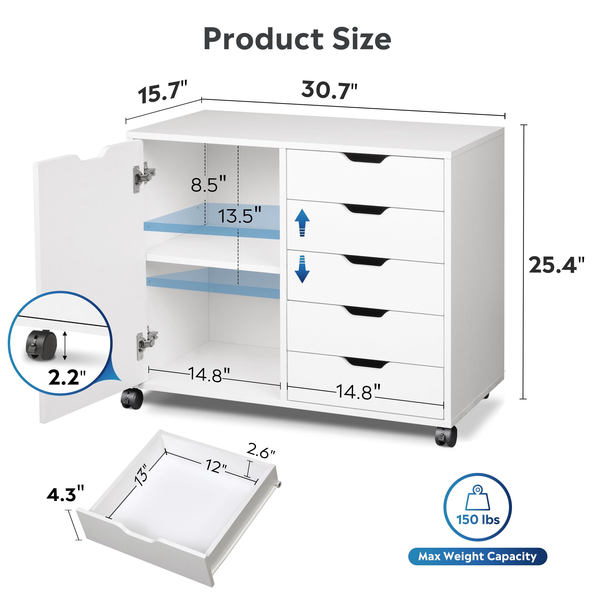 5-Drawer Printer Stand with Storage Cabinet