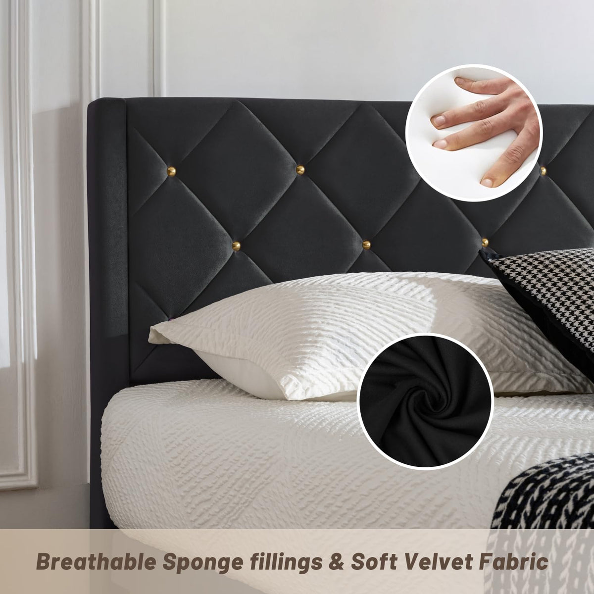 DUMGTIF Queen Size Platform Bed Frame with Velvet Headboard
