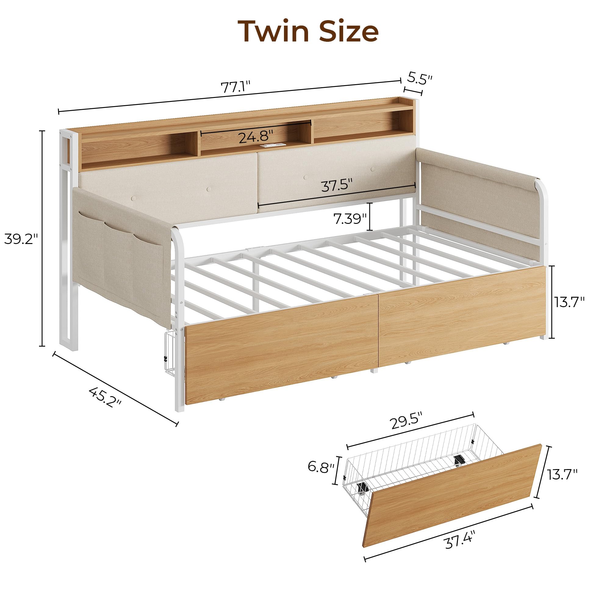 LIKIMIO Twin Daybed with Storage,Upholstered Headboard and Charging Station,White