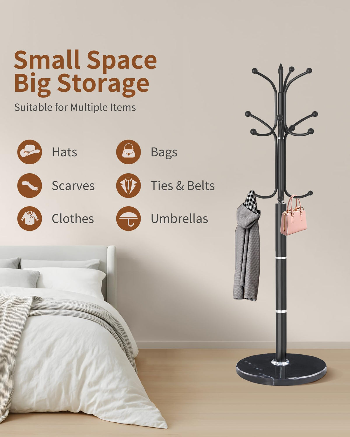 Snaikor Metal Coat Rack Freestanding, Sturdy Coat Rack Stand with Natural Marble Base, Modern Black Coat Racks Tree Hats Hanger Holder Stand for Entryway, Hallway, Office(12 Hooks)