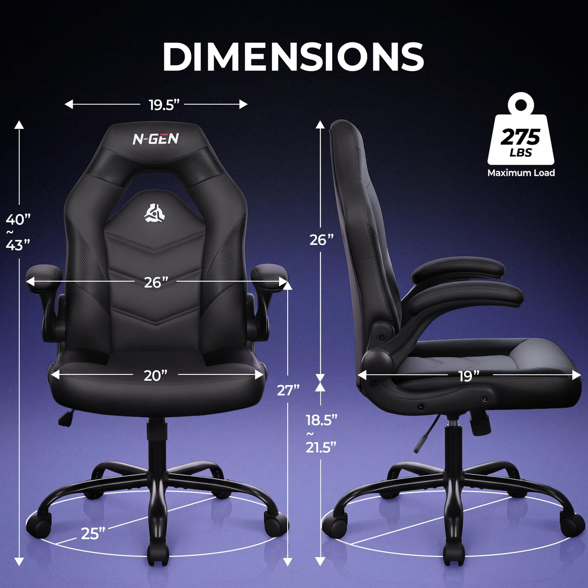 N-GEN GAMING Gaming Chair, Lumbar, PU Leather, Flip-Up Arms, Jet Black