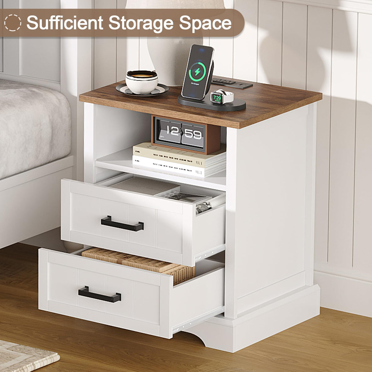 ChooChoo Farmhouse Night Stands with Charging Station Set of 2, 2 Drawers