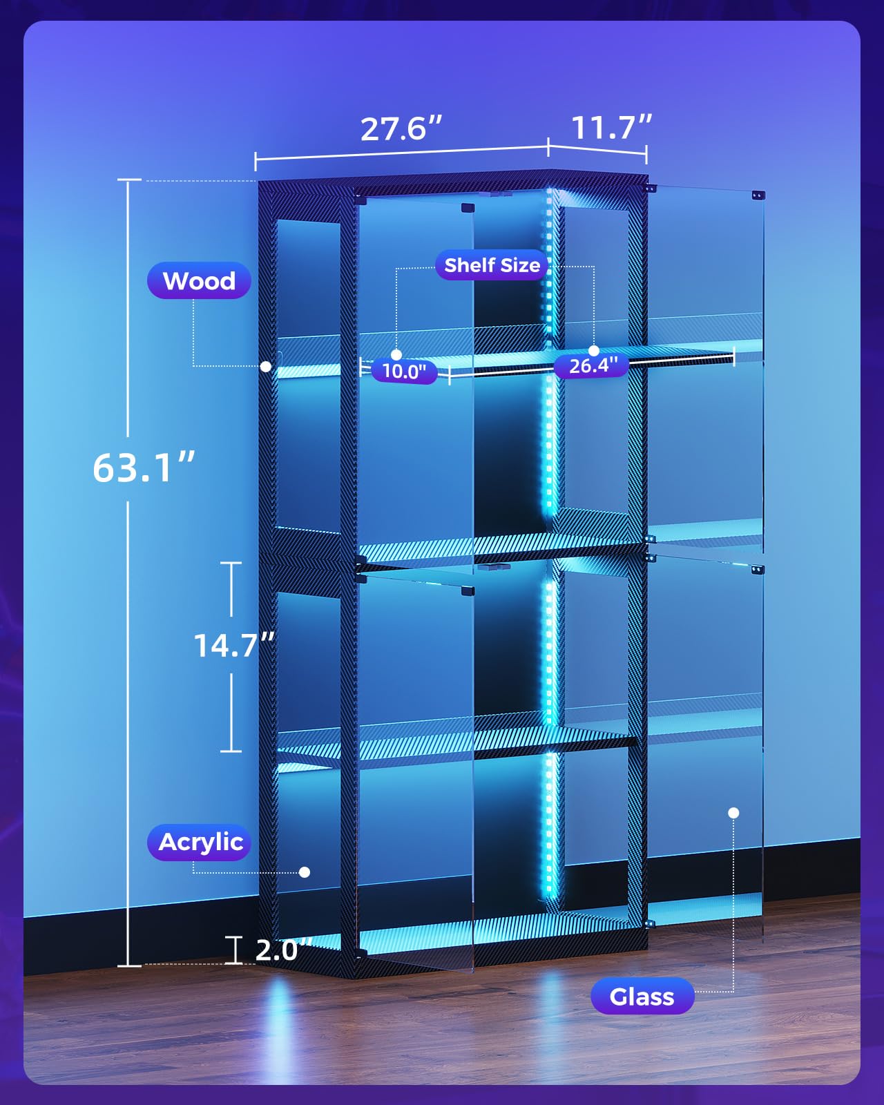 4-Tier Glass Display Cabinet with RGB Lights