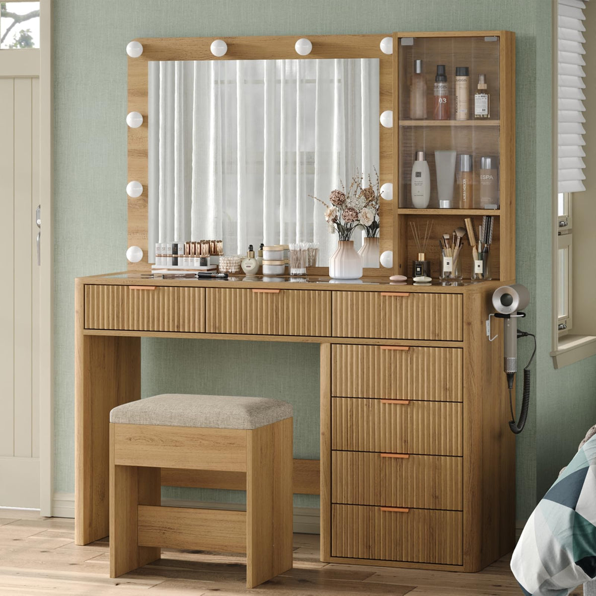 Fluted Makeup Vanity with LED Mirror