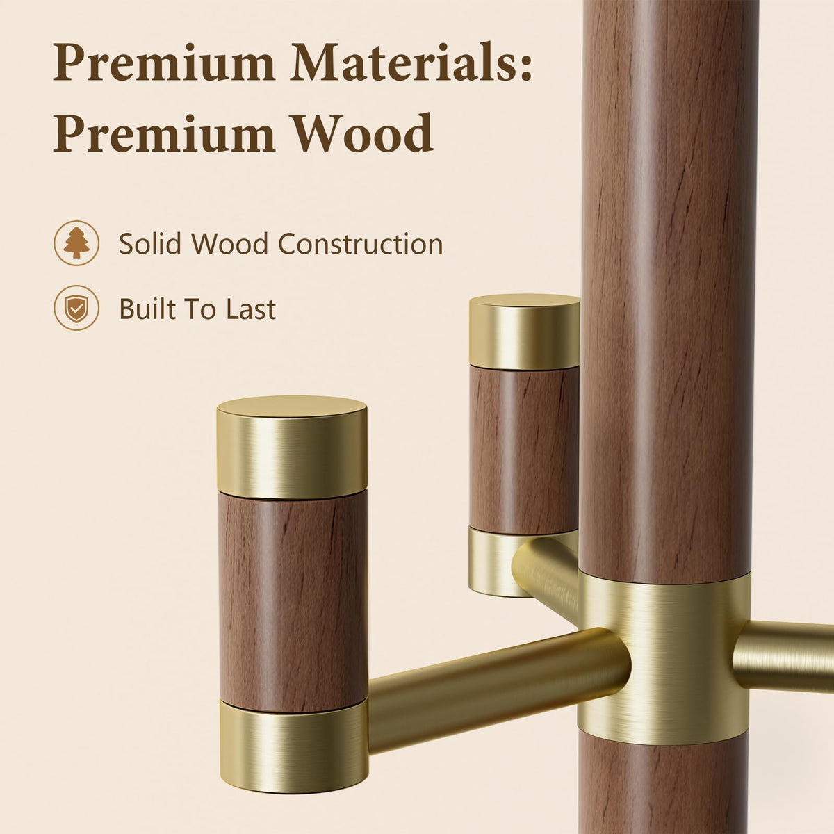 Dkjdssek Solid Wood Coat Rack Freestanding with 6 Gold Metal Hooks