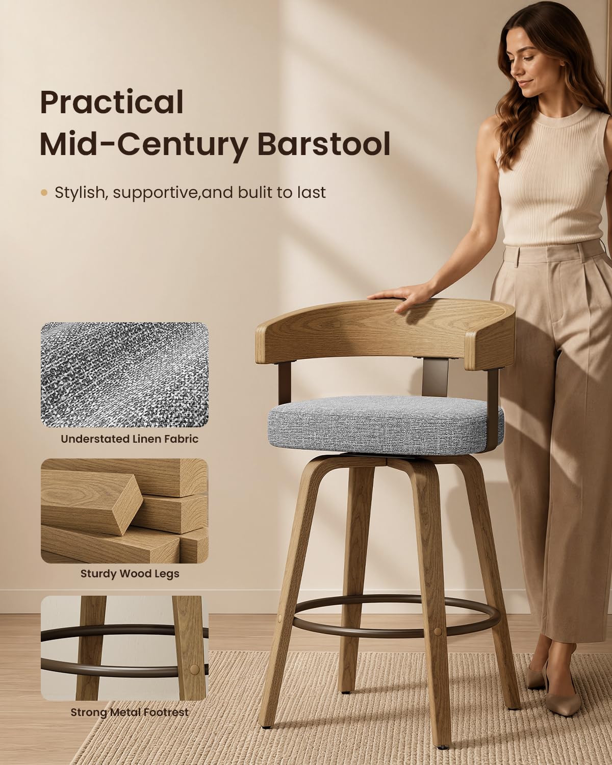REONEY Swivel Bar Stools Set of 2, 26" Counter Height Barstools, Grey Linen