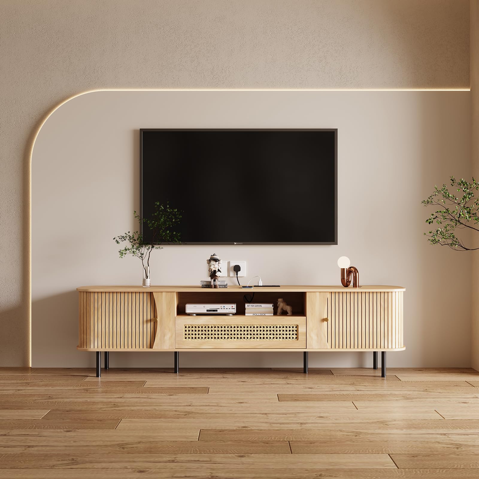 basenji Fully Assembled 71" Mid Century Modern TV Stand with Power Outlet and Sliding Doors, Rattan Entertainment Center with Storage, Wood Media Console,TV Consoles for Living Room, Wood