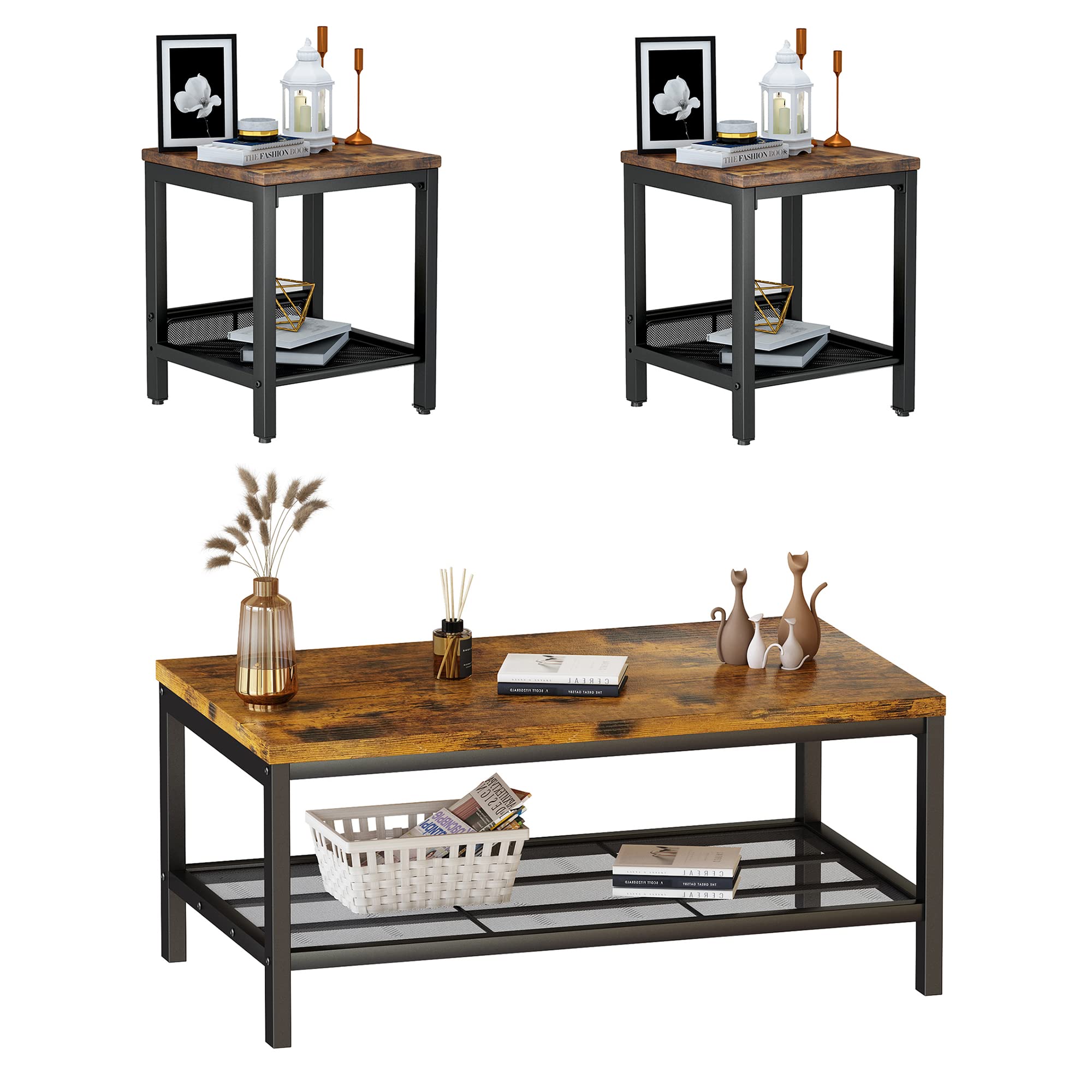 3-Piece Coffee & End Table Set with Metal Frame