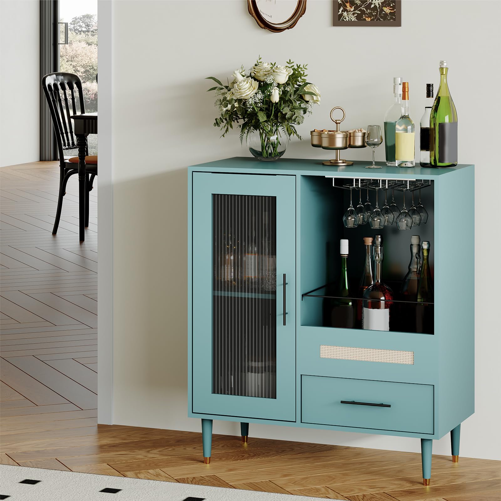 Freestanding Wine Bar Cabinet & Coffee Bar with Wine Rack, Modern Liquor Cabinet with Storage Sideboard Buffet with Tempered Glass Door & Drawers & Glass Holder for Home Dining Room, Living Room