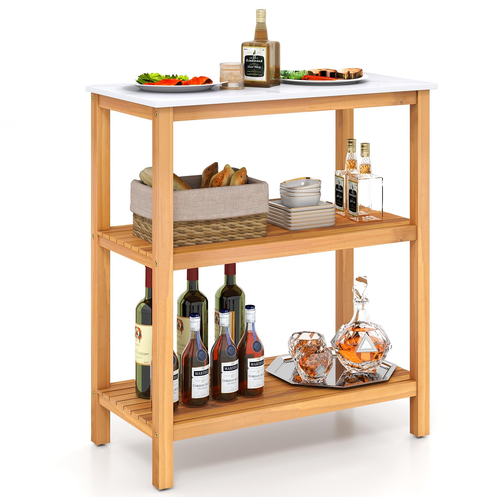 Goplus Patio Wooden Sideboard, 3-Tier Acacia Outdoor Kitchen Buffet Organizer w/Marble-Like Countertop & 2 Slatted Shelves, Garden Potting Bench Table & Plant Stand for Backyard, Garden, Deck
