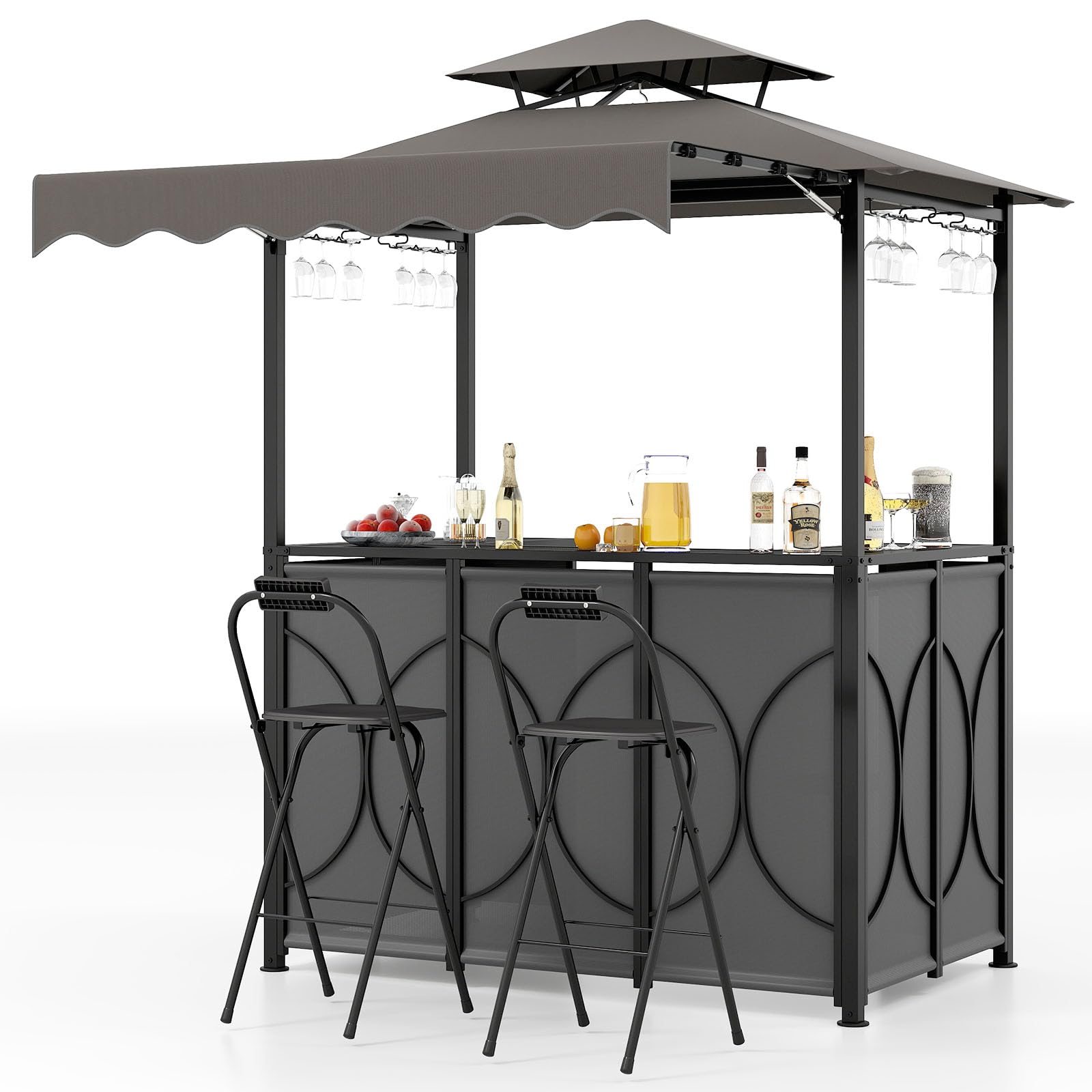 Tangkula 3 Piece Patio Bar Set, Grill Gazebo & 2 Foldable Bar Stools with Awning, Metal Storage Shelves, Glass Holders, Double-Tier Outdoor Shelter for Patio Poolside Garden Backyard (Gray)