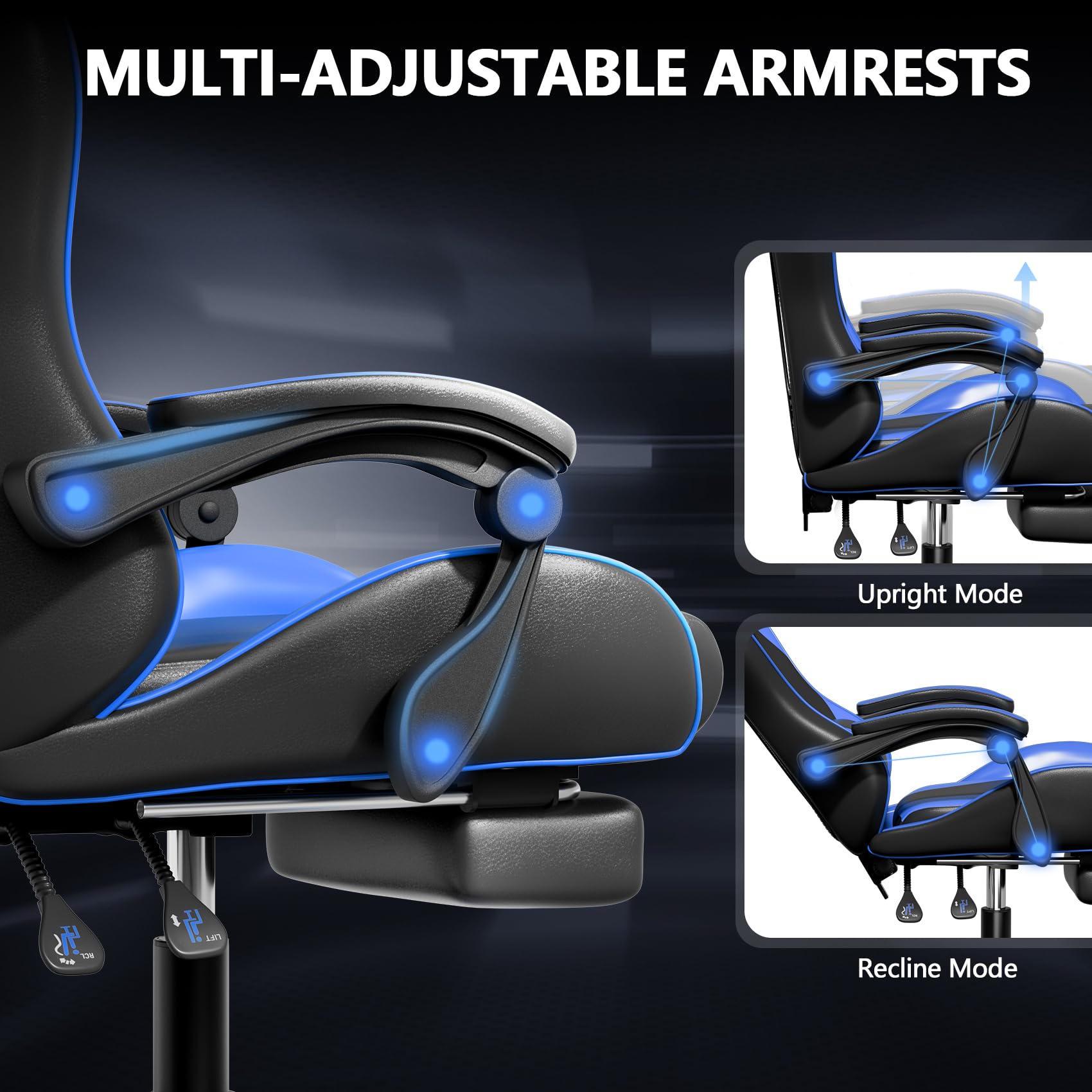 Mr IRONSTONE Gaming Chair with Footrest, Ergonomic Reclining Gamer Chair with Lumbar Support & Massage, High Back Racing Style Video Game Chair, Adjustable Headrest, Swivel Desk Chair, Blue