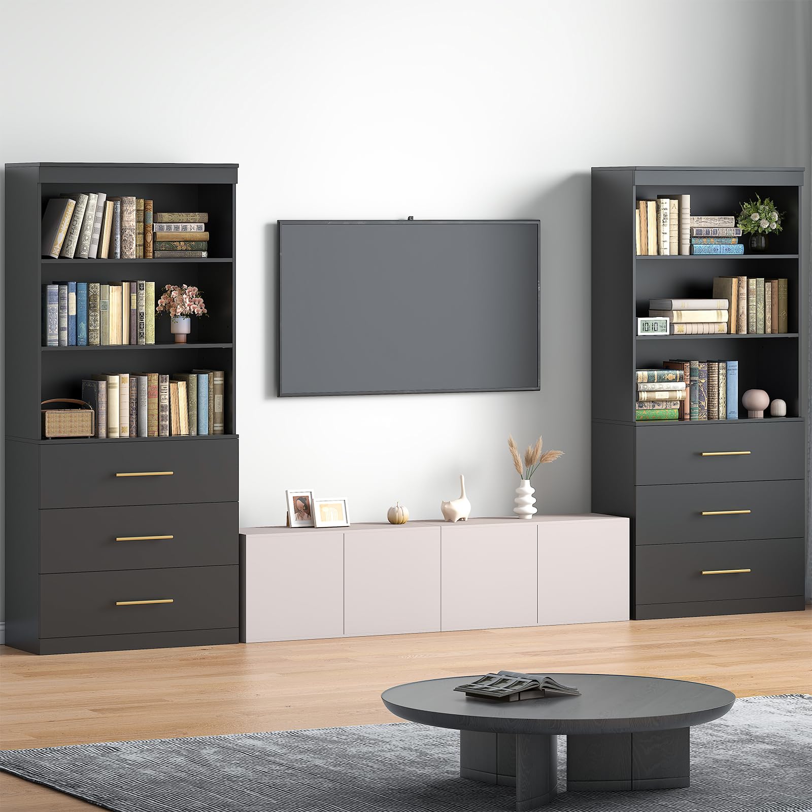Winkalon 71" Tall Black Bookshelf with Drawers, Bookcase and Bookshelf with 3-Tier Open Shelves, Tall Bookcase Tall Storage Cabinet for Home Office Living Room, 13.8" D x 31.5" W x 71" H