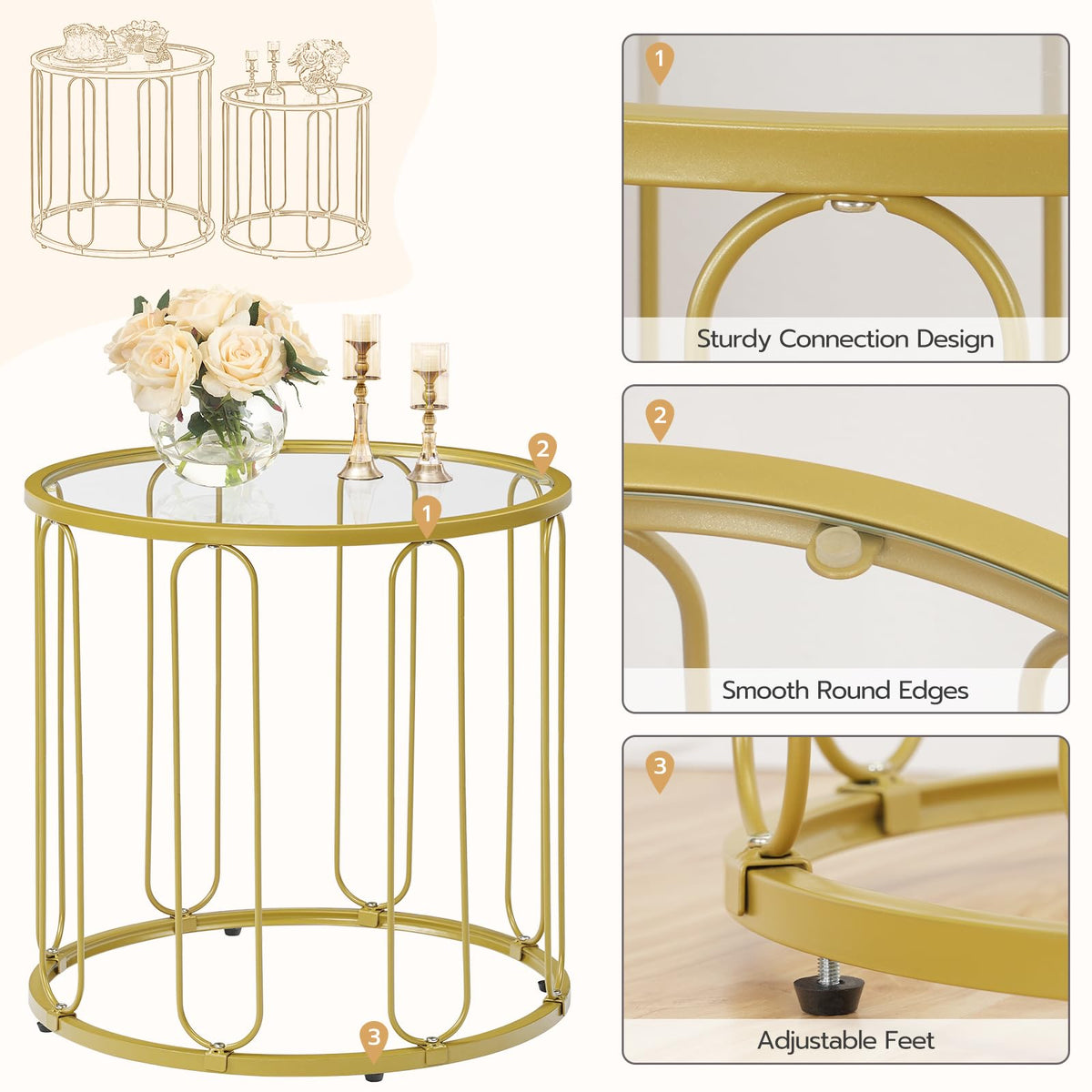 HOOBRO Small Coffee Table Set of 2, Gold Accent End Table with Metal Frame