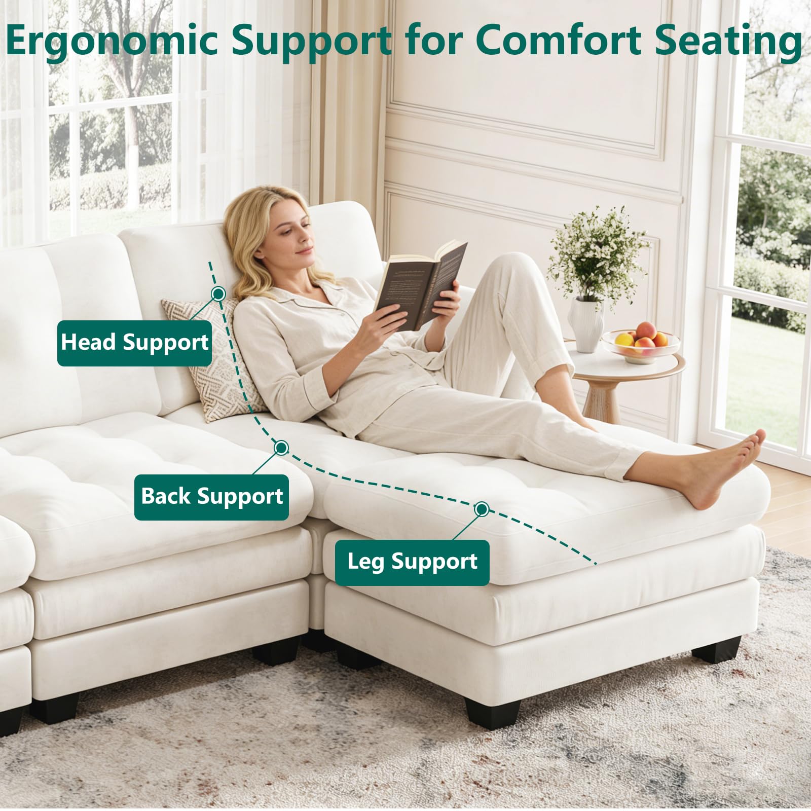 Modular Sectional U Shaped Sofas Couches for Living Room, Tufted Cloud Couch with 2 Movable Ottomans, Comfy Chenille Deep Seat Sofa with Soft Pillows for Bedroom and Apartment, Beige