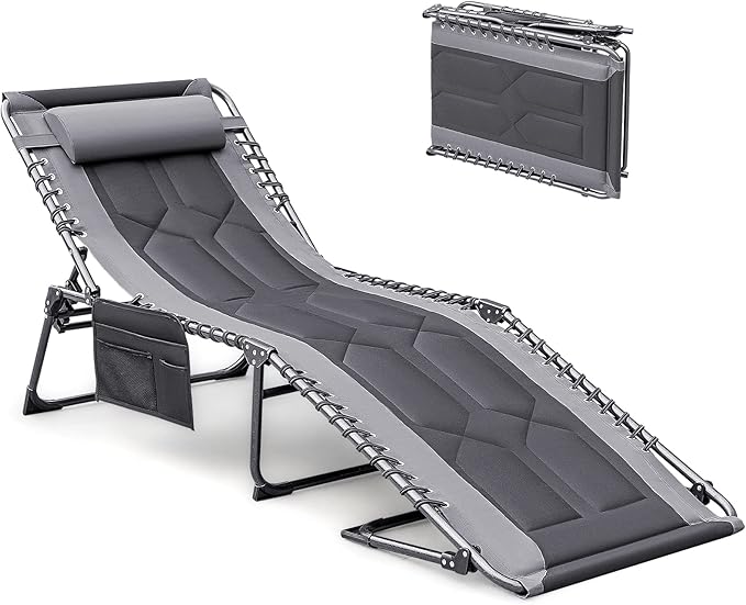 Folding Outdoor Chaise Lounge Chair with Pillow & Side Pocket