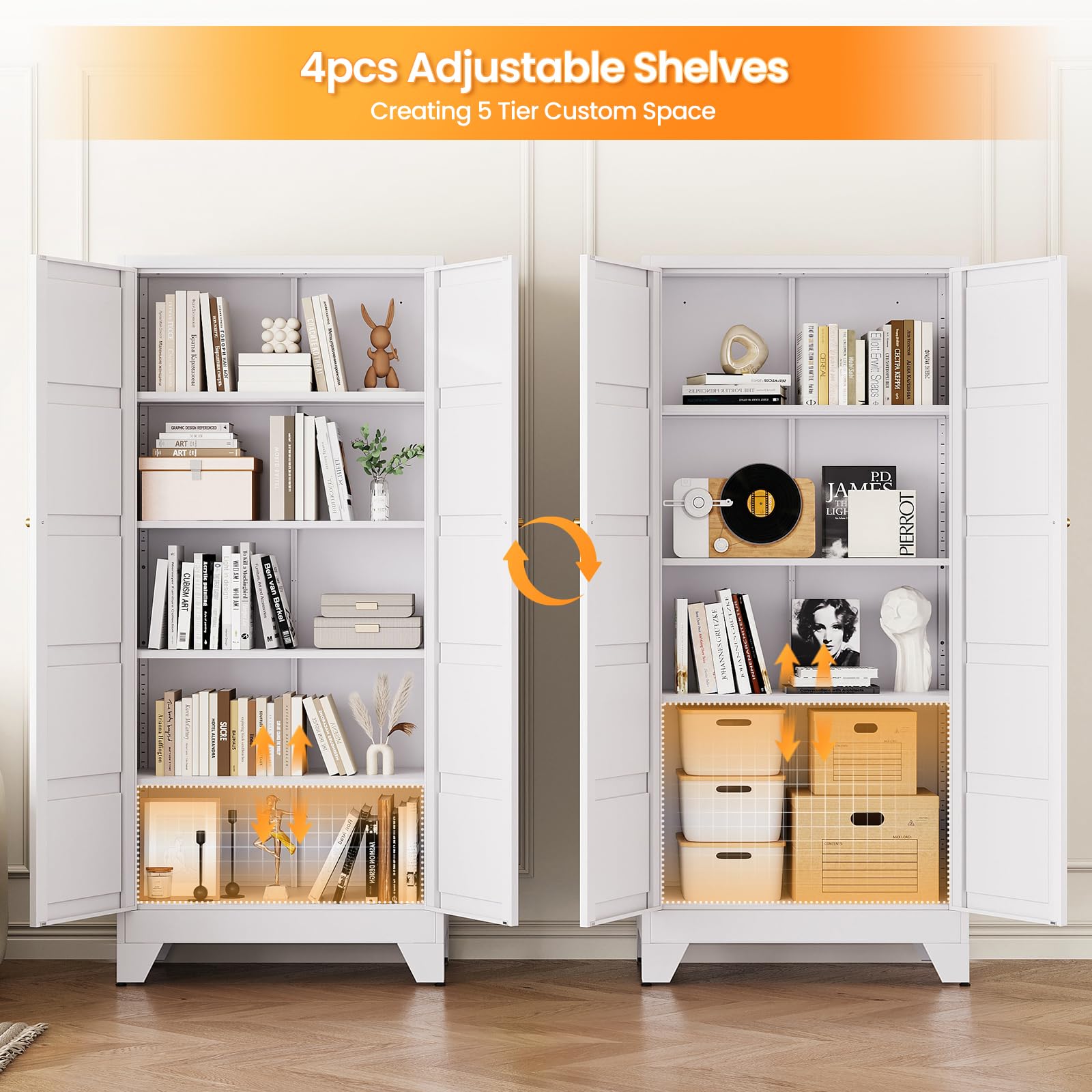 71" Tall Kitchen Cabinet Storage Unit With 2 Doors and 4 Adjustable Shelves, Metal White Freestanding Cupboard, 5 Tier Kitchen Pantry Storage Cabinet for Kitchen Dining/Living Room/Garage/Home/Office