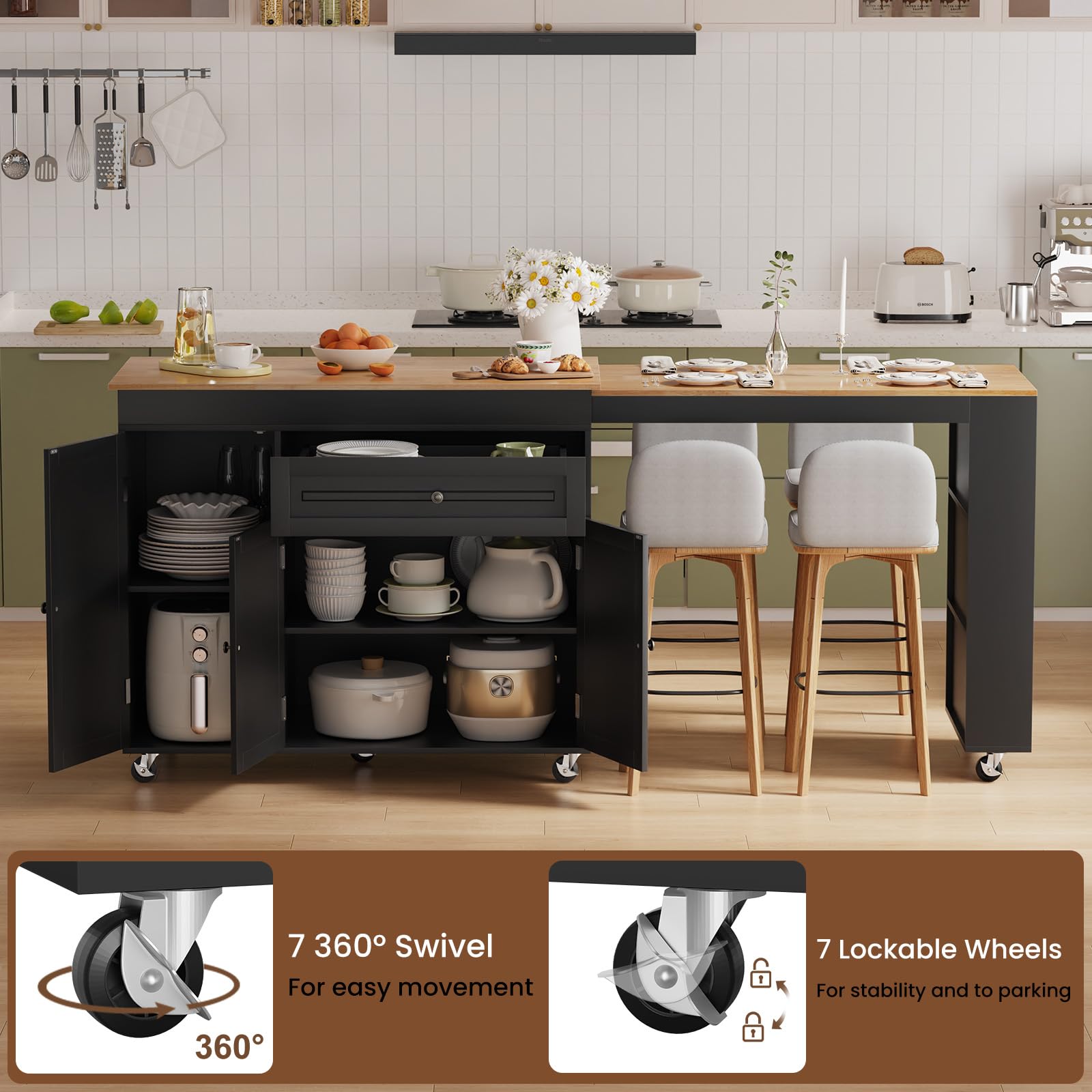 Rymeera 83" Expandable Kitchen Island on Wheels with Storage & Dining Table, Mobile Kitchen Cart with Cabinet, 3 Shelves & Drawers, Black (Extends from 48.4" to 82.6") (Black)