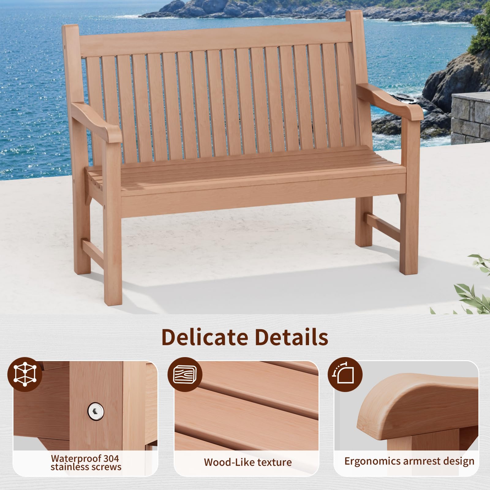 Psilvam 2-Person Outdoor Bench with 700 Lbs Weight Capacity, Poly Lumber Weatherproof Garden Bench Seating for Porch, Balcony and Park, All-Weather Patio Bench Furniture (Teak)