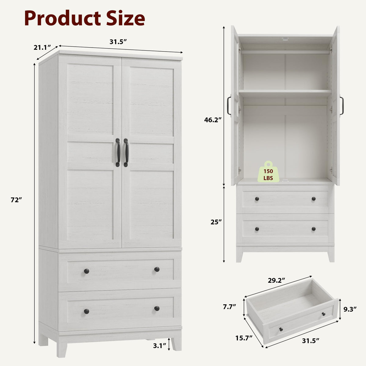 Rustic White Wardrobe with 2 Drawers