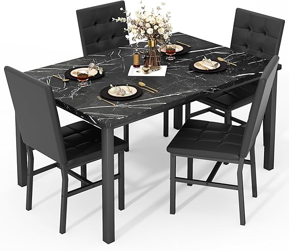 4-Piece Faux Marble Dining Table Set with Velvet Chairs