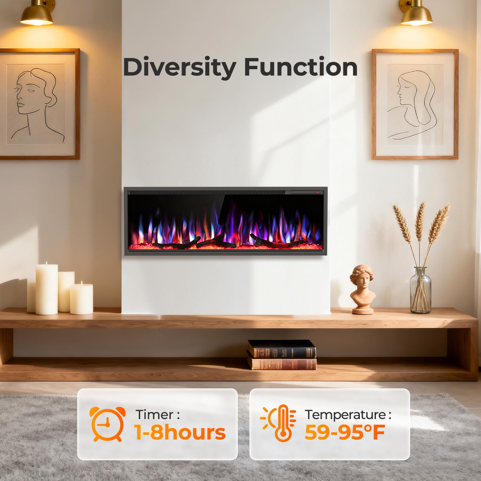 R.W.FLAME 50" Recessed and Wall Mounted Smart Electric Fireplace, Alexa/WiFi Enabled, APP Control with Multiple Sound Modes, Adjustable Flame Colors and Speed, Available with Log & Crystal Options