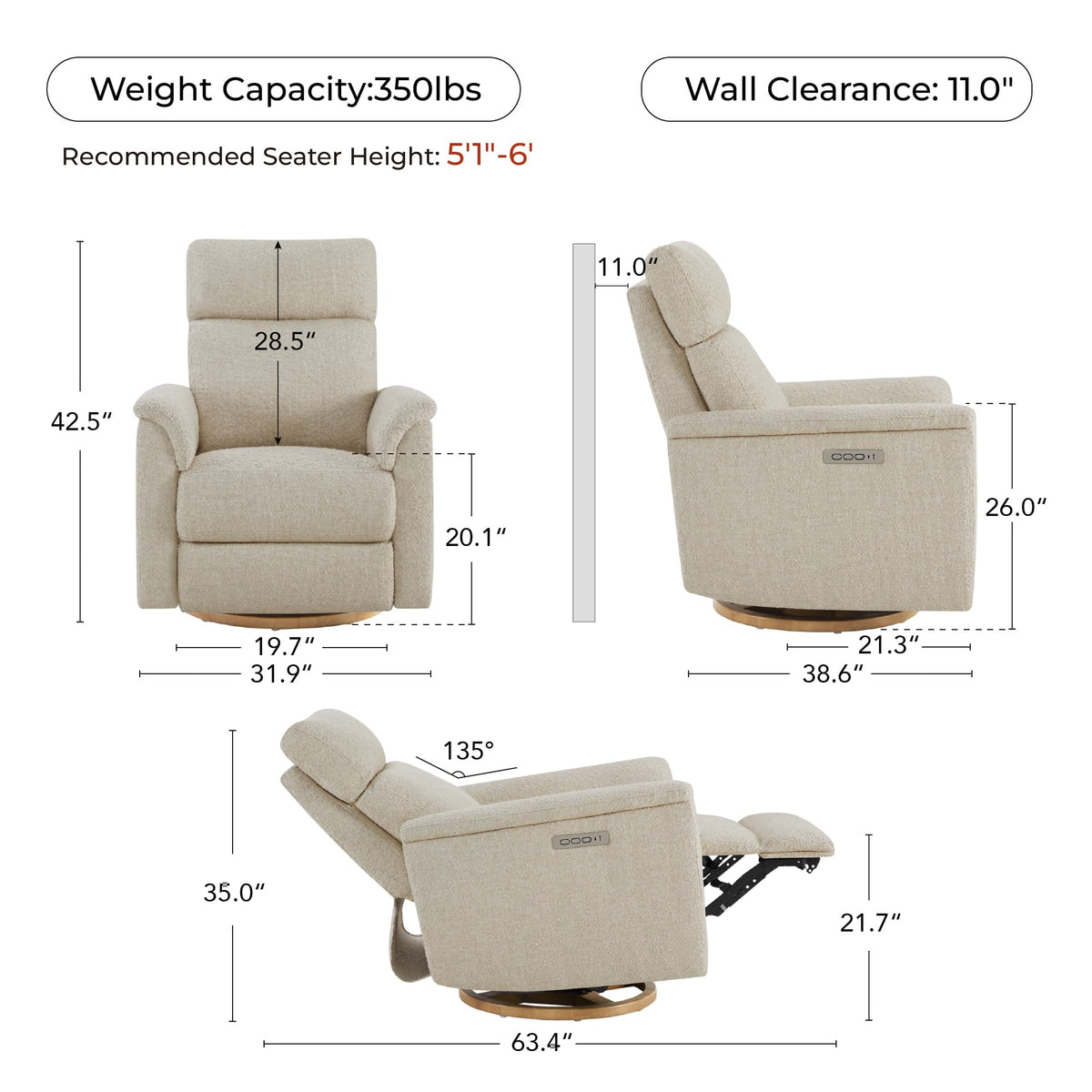 CHITA Power Recliner Chair with Nightlight, Nursery Glider, Boucle in Sand