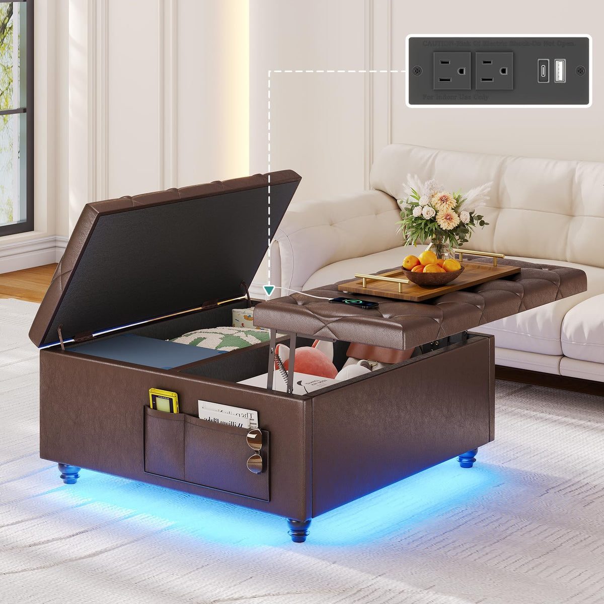 busyaeh Storage Ottoman Coffee Table,Square Ottoman Bench with LED Lights