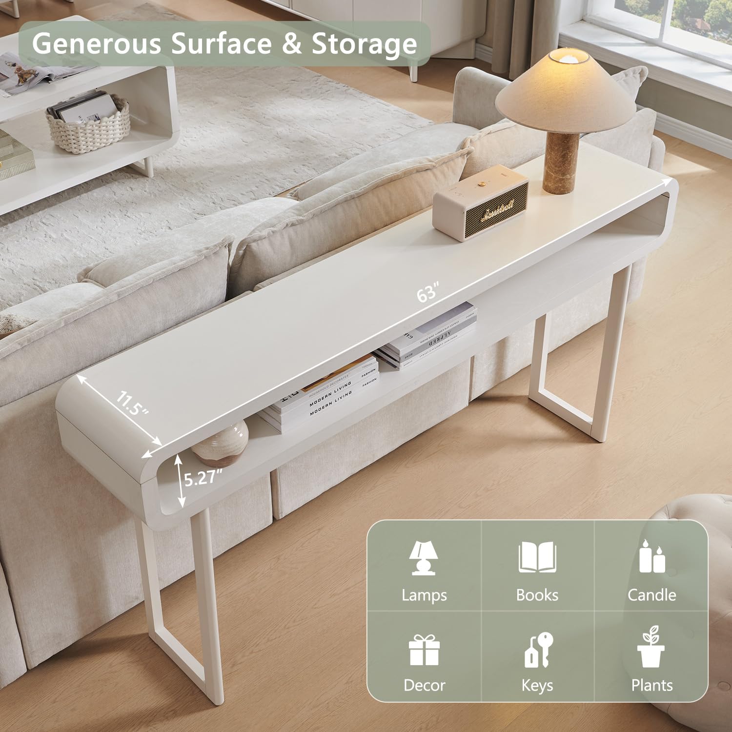 IFGET 63-Inch Long Console Table, 31.5" Tall Modern Entryway Table with Open Storage Shelf, Curved Profile Design, Narrow Wood Sofa Table Behind Couch Table for Living Room, Hallway, Foyer, White
