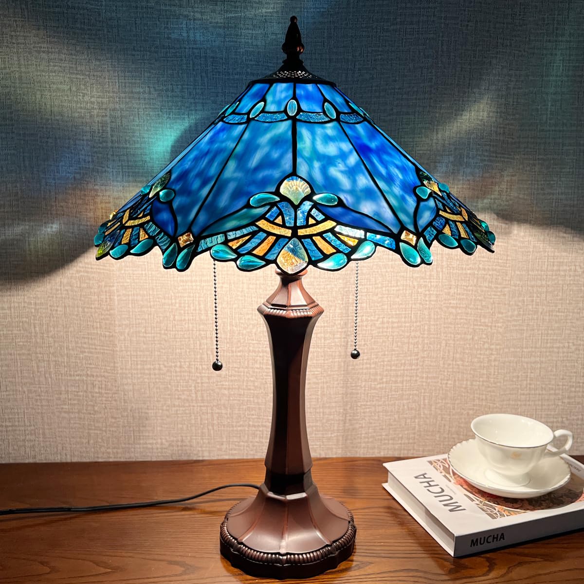 COTOSS Tiffany Table Lamp for Living Room,Blue Stained Glass Table Light,Antique Style 16 inch Large Desk Lamp 2 Light Beside Reading Lamp for Bedroom Office