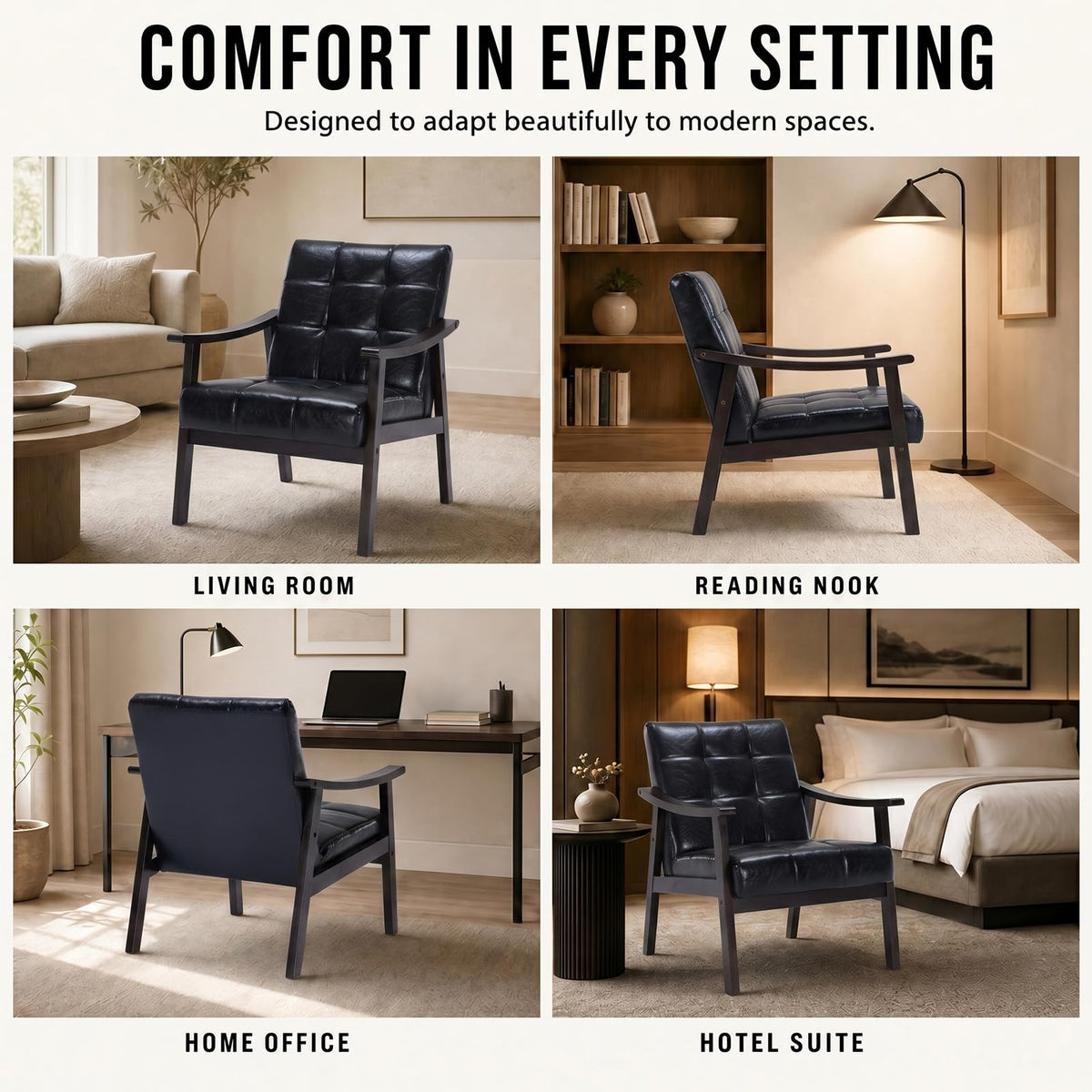 Hjaustevy Mid Century Modern Faux Leather Accent Chair, Lounge Chair Indoor Comfy Upholstered Armchair, MCM Wooden Side Chair with Solid Rubberwood Frame for Living Room Bedroom, 350lbs