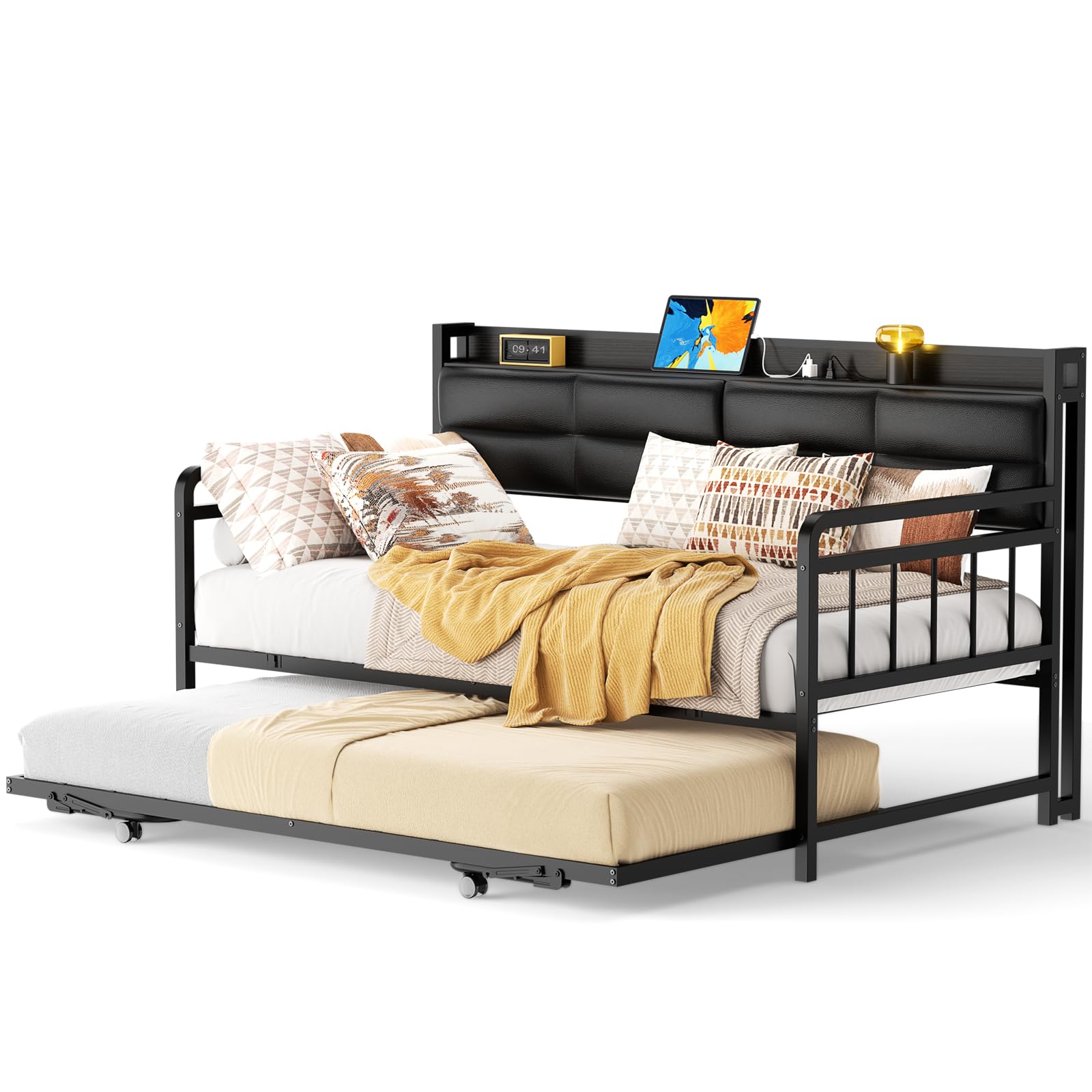 Homieasy Daybed with Trundle, Twin Day Bed with Upholstered Headboard and Charging Station, Metal Twin Sofa Bed Frame Pop-up Trundle Bed for Bedroom and Guest Room, Black