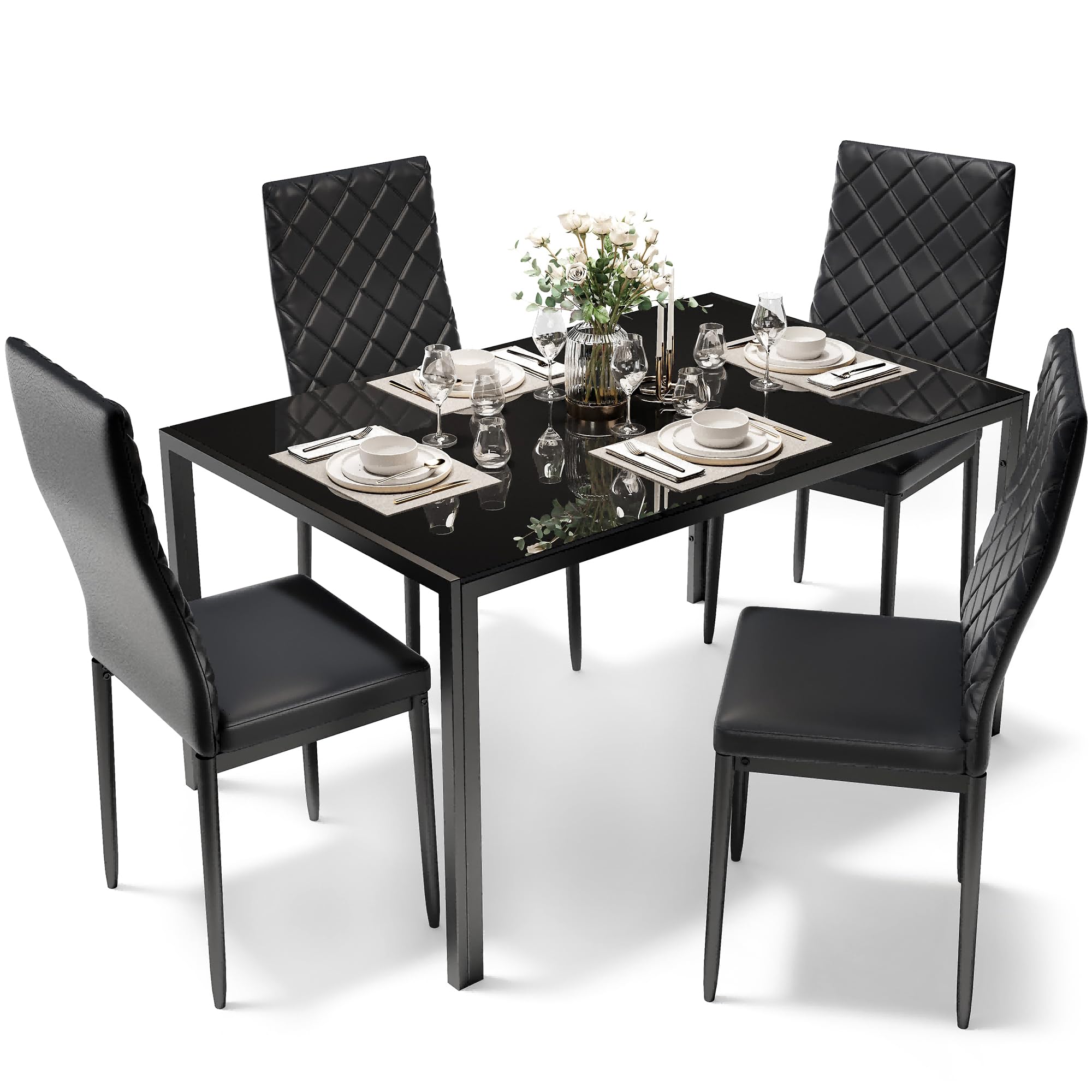 5-Piece Dining Table Set with Tempered Glass Top