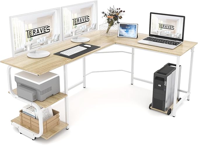 L-Shaped Desk with Storage Shelves & Monitor Stand Hole