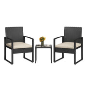 Garvee 3 Pieces Patio Bistro Set, PE Rattan Patio Conversation Set with Tempered Glass Coffee Table, Outdoor Wicker Furniture for Patio Garden Balcony Backyard, Black and Beige
