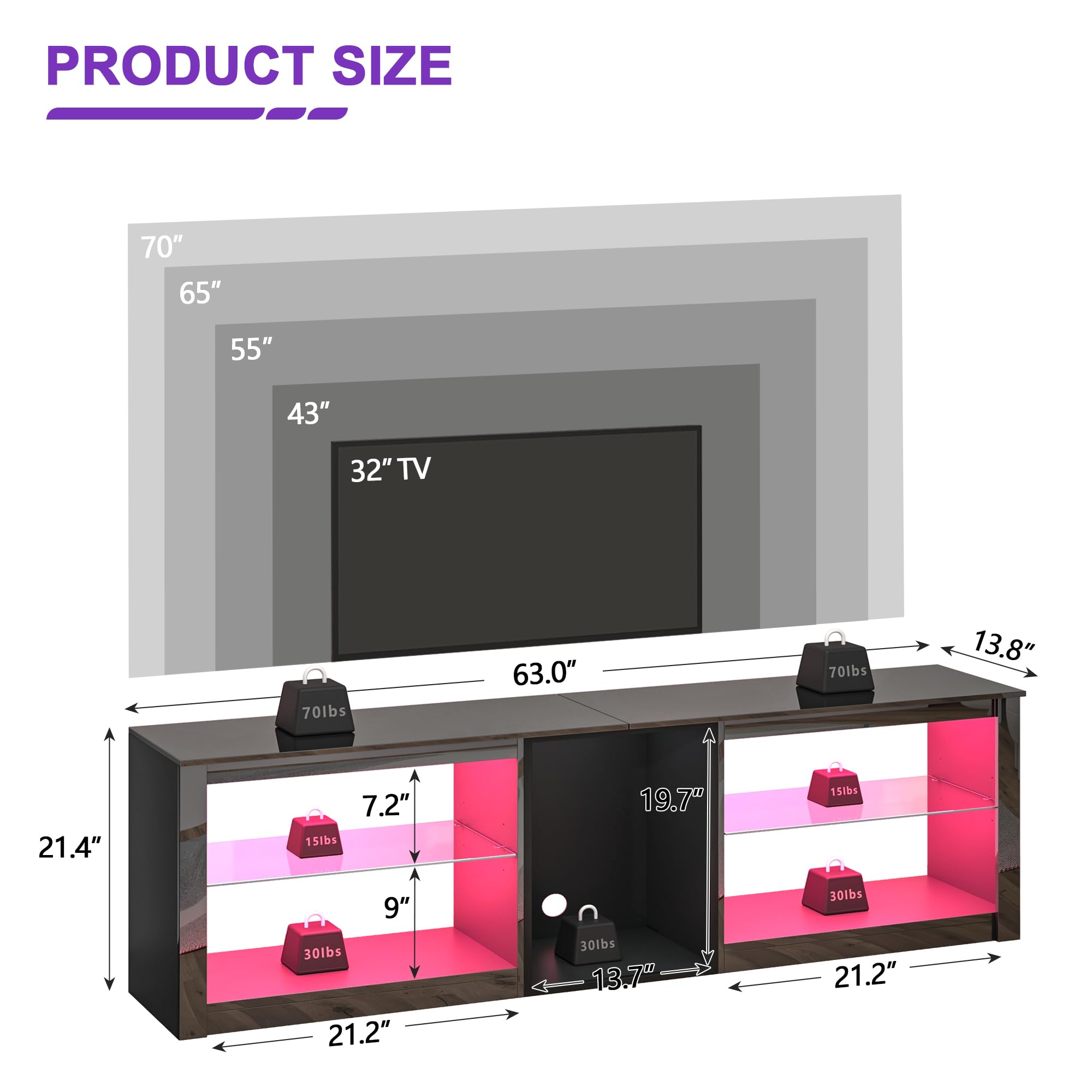 63" LED TV Stand with Glass Shelves