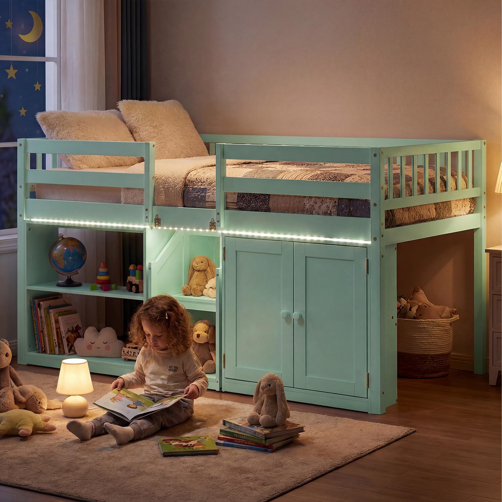 Giantex Low Loft Bed Twin Size with LED Lights, Wooden Bed Frame w/Stairs, Safety Guardrails, Storage Cabinet, Bookshelf & Under-Bed Play Space, Modern Kids Loft Bed for Boys Girls (Mint Green)