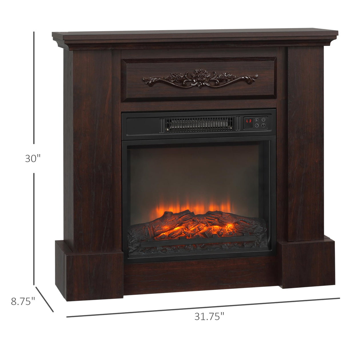 HOMCOM 32" Electric Fireplace with Mantel, Freestanding Heater with LED Log Flame, Overheat Protection and Remote Control, 1400W, Brown