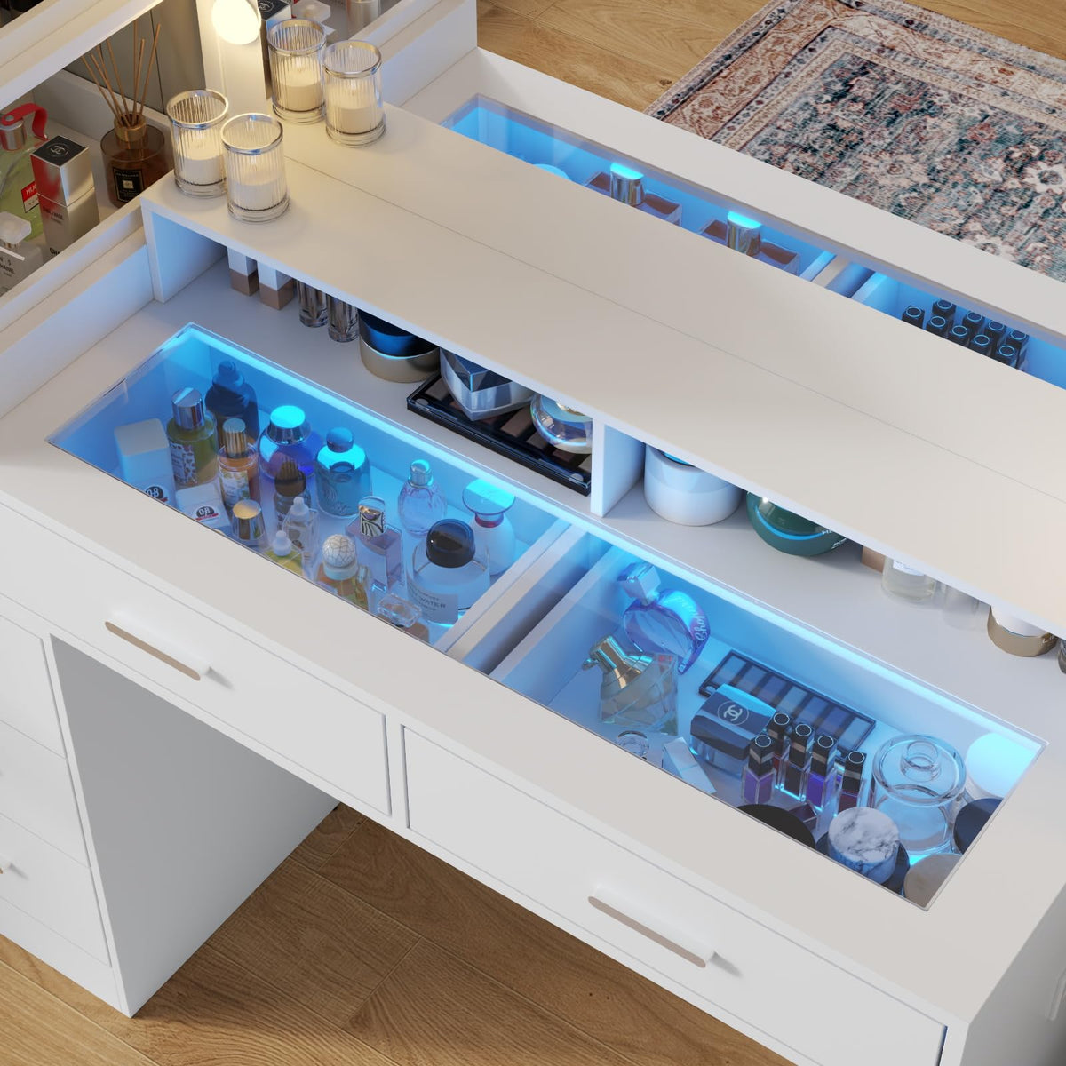 Gyfimoie White Vanity Desk with Mirror and Lights, 8 Drawer Makeup Vanity Table with Glass Top, Power Outlets and RGB Lights, Women & Girls Dressing Table with Lighted Mirror（Stool Not Included）