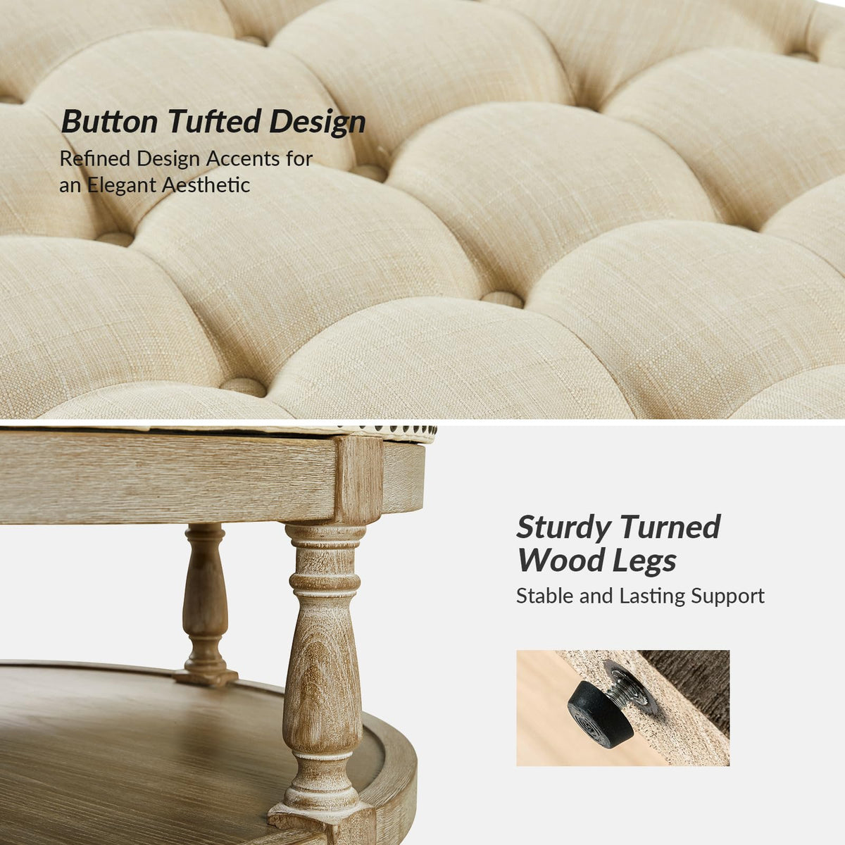 HULALA HOME Large Round Ottoman Coffee Table, 2-Tier Oversized Button Tufted Ottoman, with Wood Shelf Storage Farmhouse Upholstered, Coffee Table for Living Room Footrest, Linen
