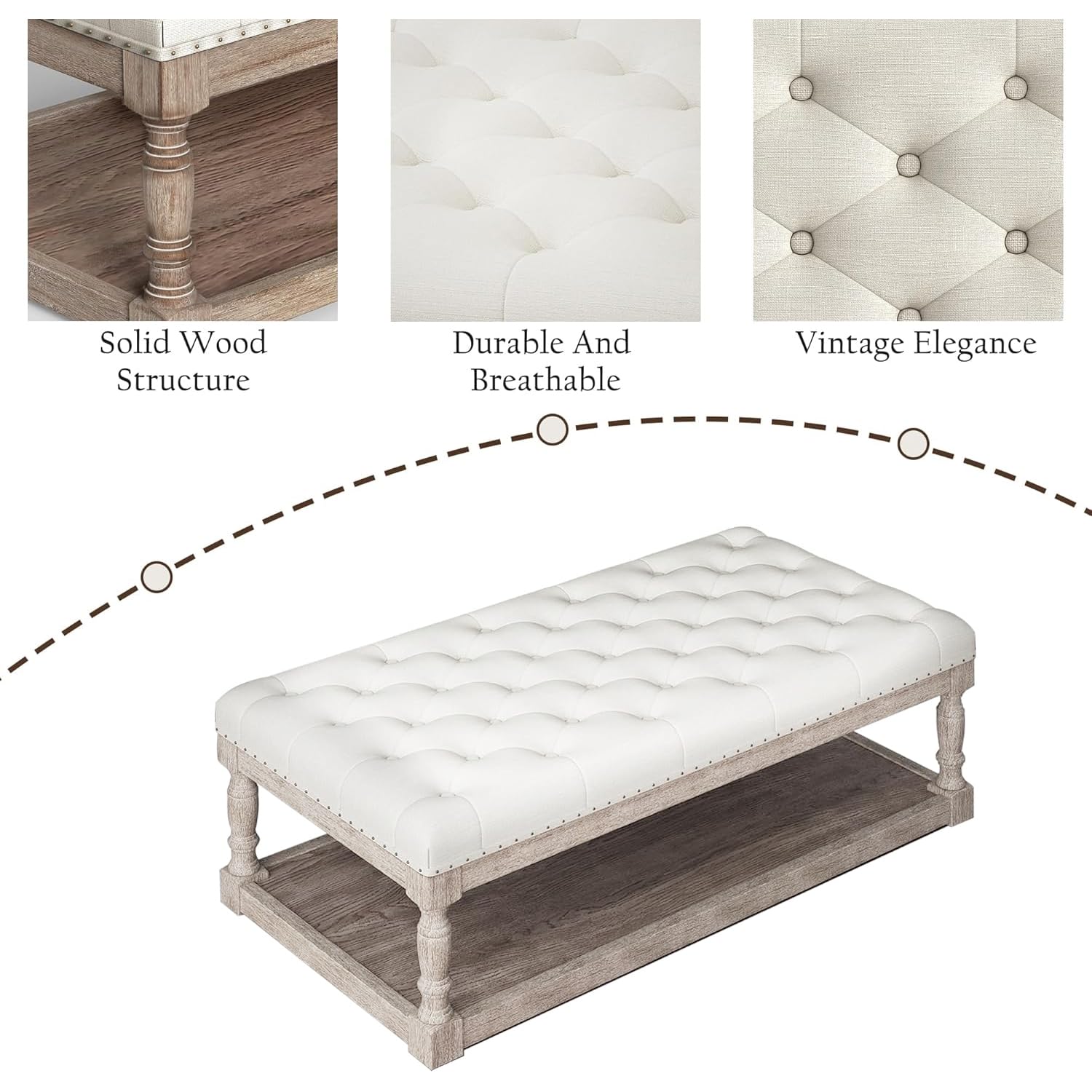Cuzobro Ottoman Coffee Table, Large Rectangle Ottoman with Storage - Upholstered Cushioned Bench for Living Room, Tufted Linen Fabric with Solid Wood Shelf, Entryway Bench (Beige)